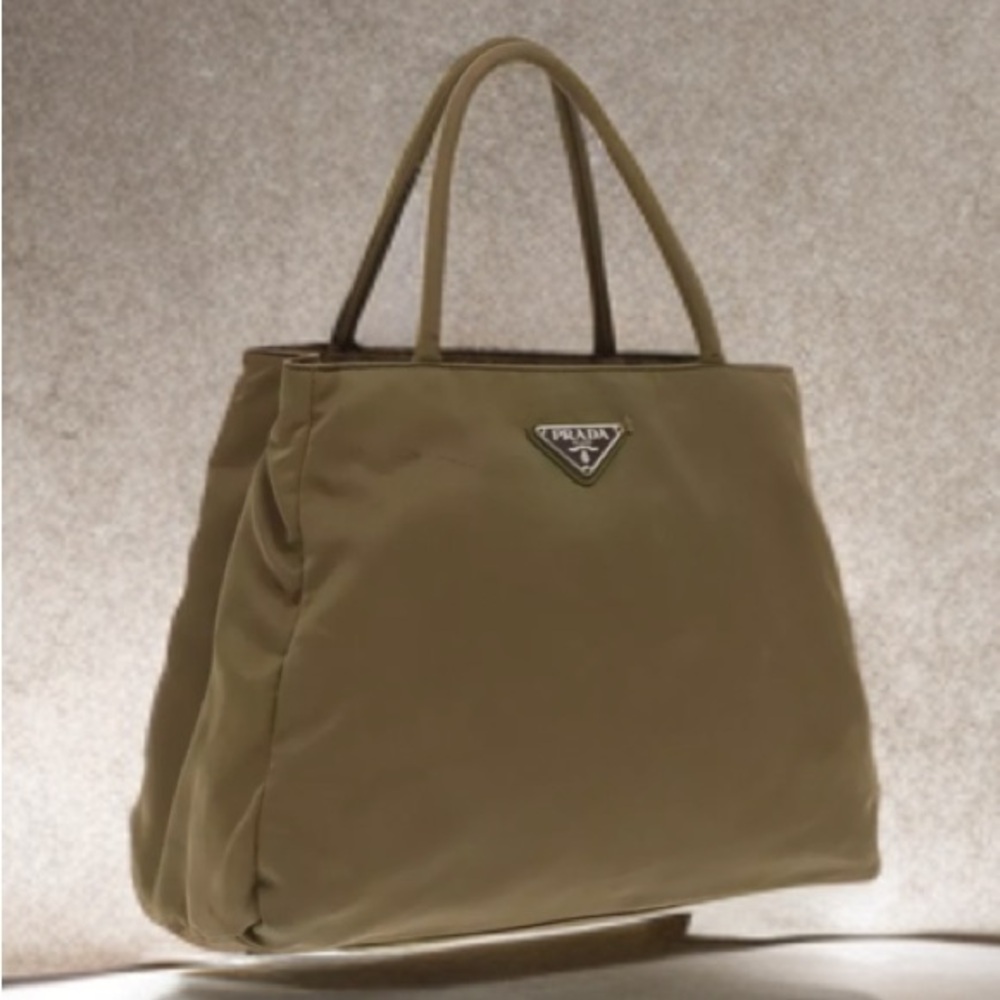 PRADA Hand Bag Nylon Khaki Silver Auth 95022